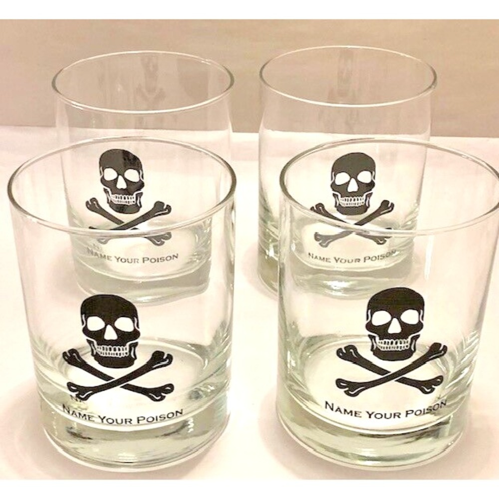 Halloween Skull Crossbones Name Your Poison Rocks Glass VTG MCM Glasses Set 4PC